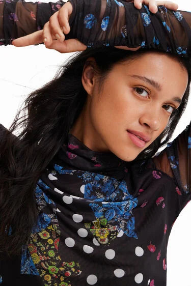 Desigual Tulle patchwork T-shirt with polka dots and flowers