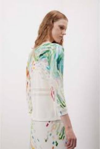 Jei's c261 Painting Pattern 3/4-Sleeve V-Neck Pointelle Sweater