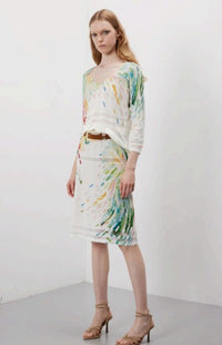Jei's c261 Painting Pattern 3/4-Sleeve V-Neck Pointelle Sweater