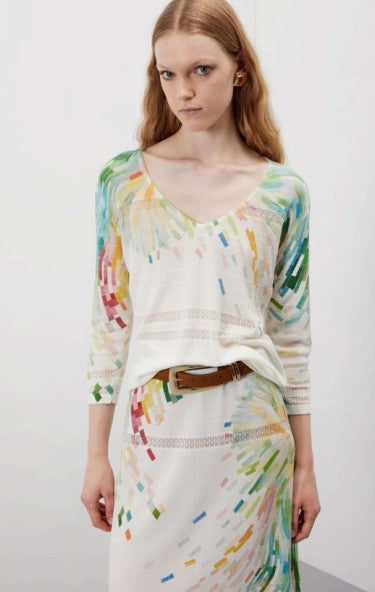 Jei's c261 Painting Pattern 3/4-Sleeve V-Neck Pointelle Sweater