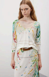 Jei's c261 Painting Pattern 3/4-Sleeve V-Neck Pointelle Sweater