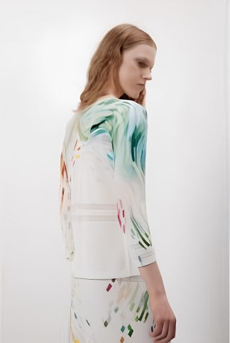 Jei's c261 Painting Pattern 3/4-Sleeve V-Neck Pointelle Sweater