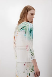 Jei's c261 Painting Pattern 3/4-Sleeve V-Neck Pointelle Sweater