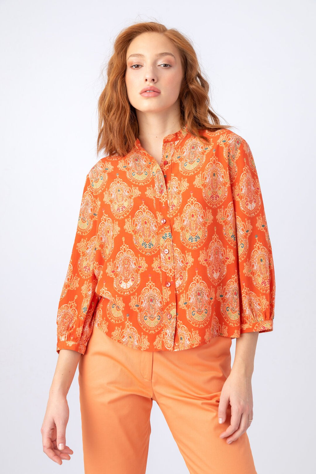 Viscose Shirt, Retro Motif Peach Wash