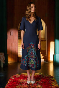 Linen Dress with Embroidery, Ornament Pattern White Coffee