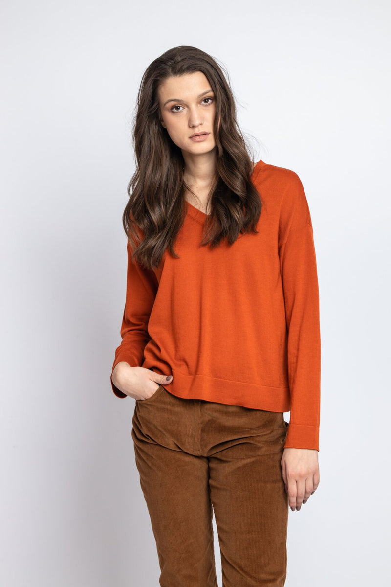 Solid V- Neck Pullover - Bronze Wash