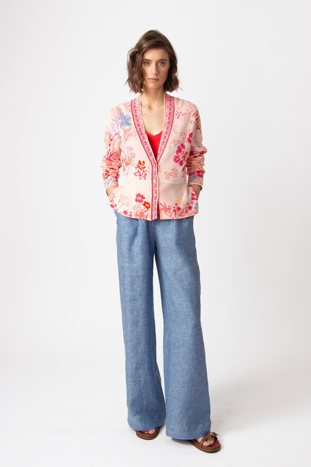 V-Neck Jacket Floral Pattern Light Pink