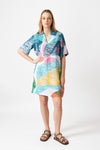 Printed Linen Dress, Maximalist Tropics Pattern Aqua Wash