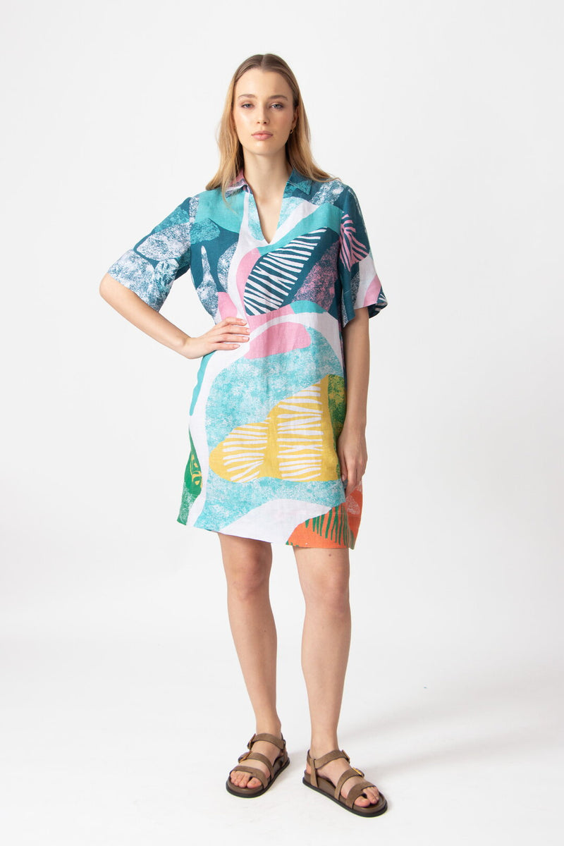Printed Linen Dress, Maximalist Tropics Pattern Aqua Wash