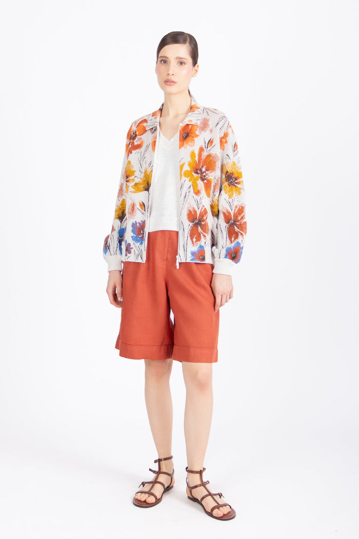 Ivko Jacquard Bomber Jacket, Floral Pattern - Orange and White Wash