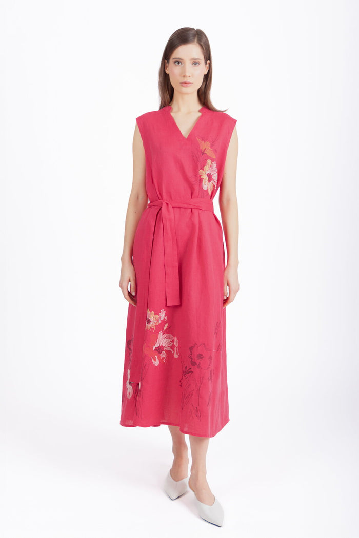 Linen Dress with Embroidery, Floral Pattern
