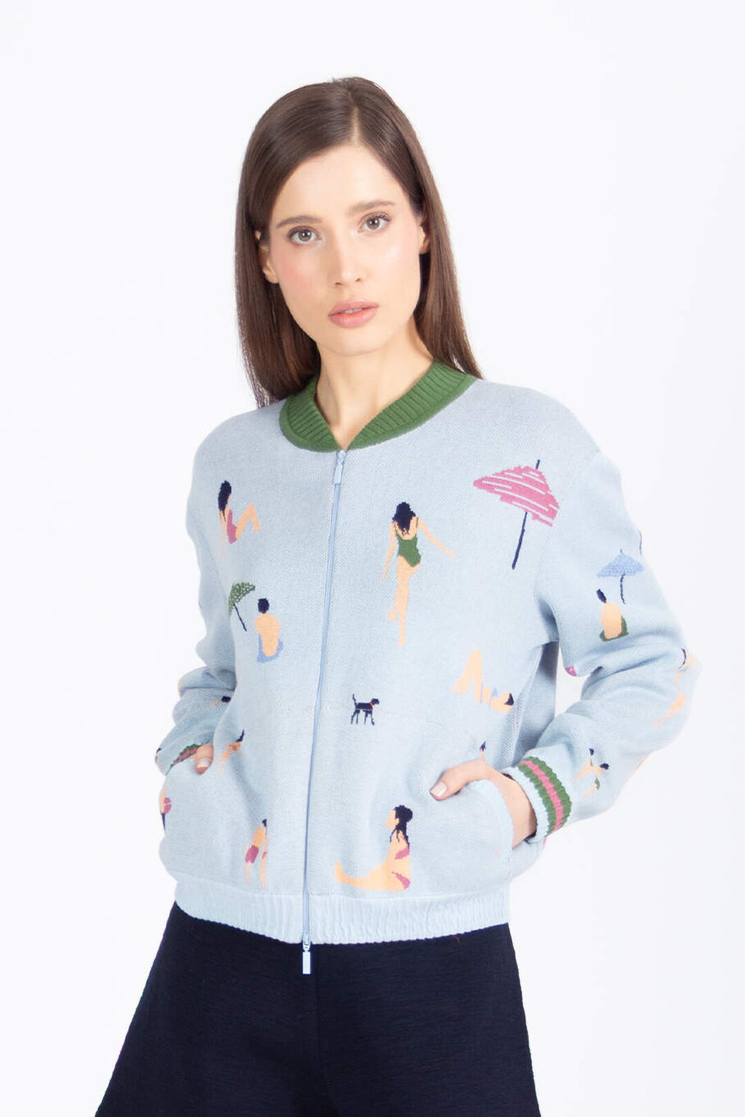 Jacquard Bomber Jacket, Beach Fun Motif - Sky Wash