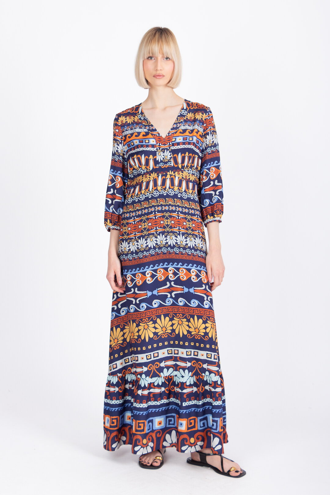 Long Dress, Mediterranean Pattern - Navy Wash - “Only 1 Available”