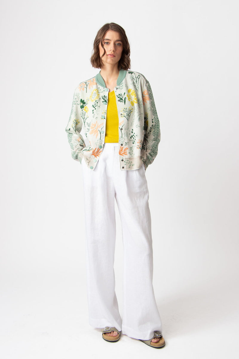Jacquard Bomber Jacket, Floral Pattern White Wash