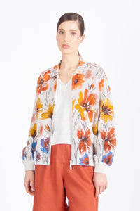 Ivko Jacquard Bomber Jacket, Floral Pattern - Orange and White Wash