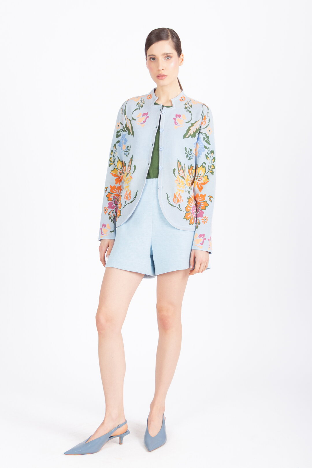 Buttoned Jacket, Floral Pattern - Sky Wash