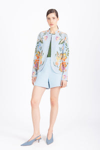 Buttoned Jacket, Floral Pattern - Sky Wash