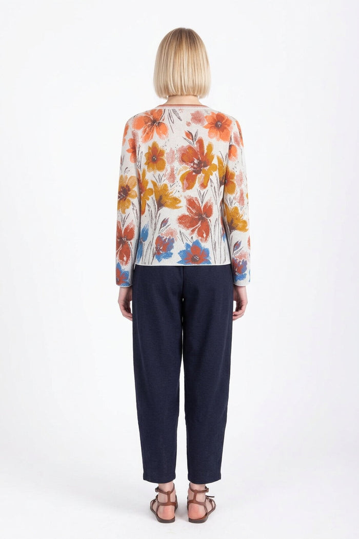 Ivko Jacquard Cardigan, Floral Pattern - Orange & White Wash