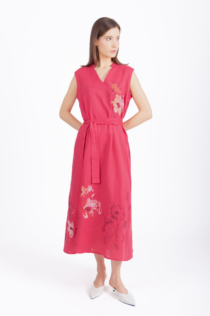 Linen Dress with Embroidery, Floral Pattern
