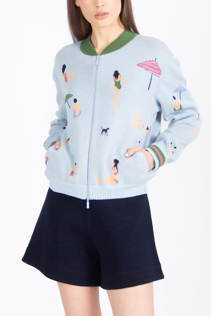 Jacquard Bomber Jacket, Beach Fun Motif - Sky Wash