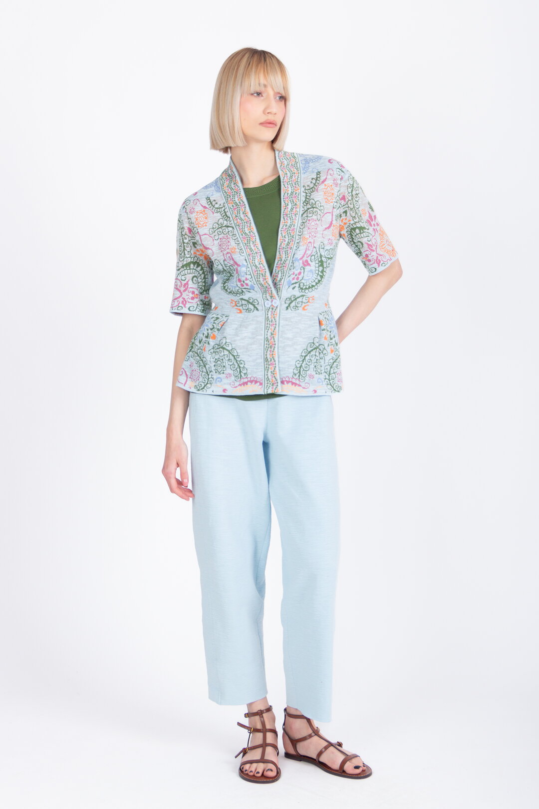 Cardigan V-Neck, Ornament Pattern - Sky Wash