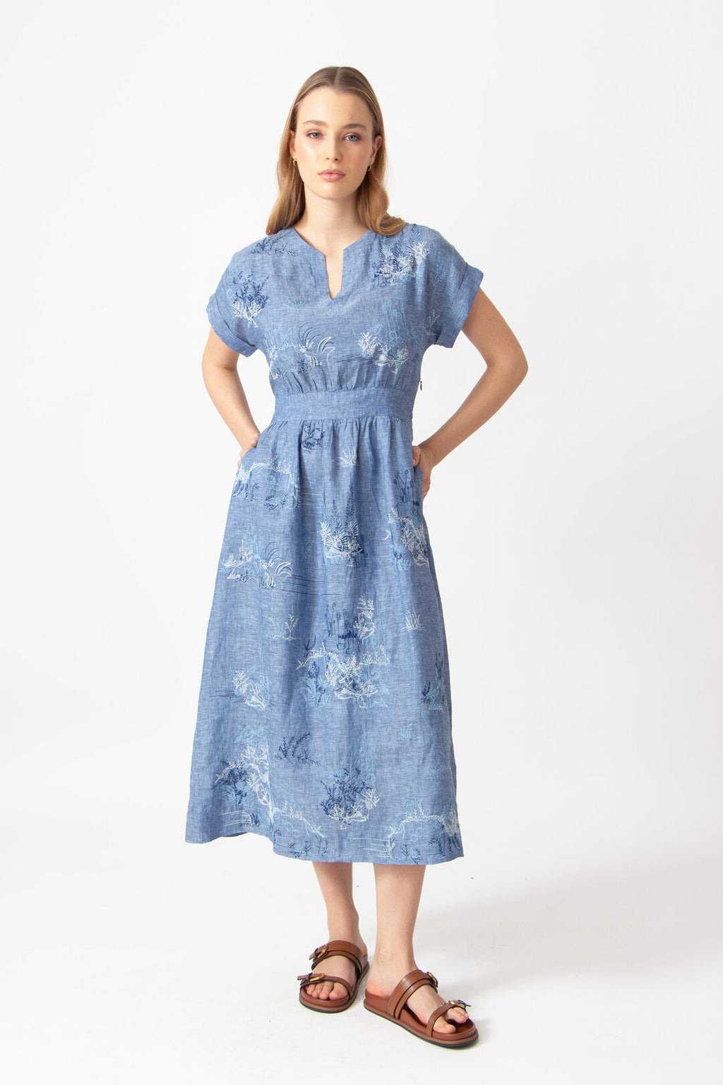 Linen Dress with Embroidery, Garden Nostalgic Pattern