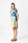 Printed Linen Dress, Maximalist Tropics Pattern Aqua Wash