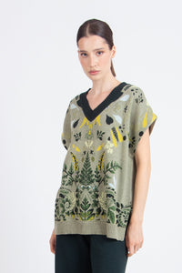 Sleeveless V-Neck Pullover, Plantopia Pattern Salvia