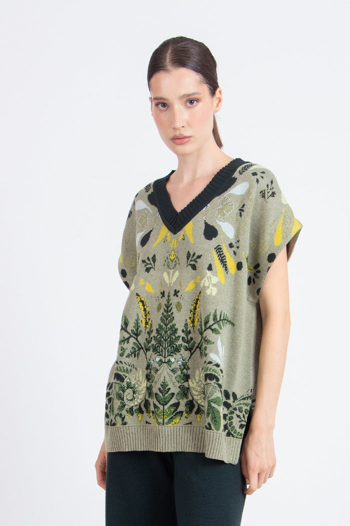 Sleeveless V-Neck Pullover, Plantopia Pattern Salvia