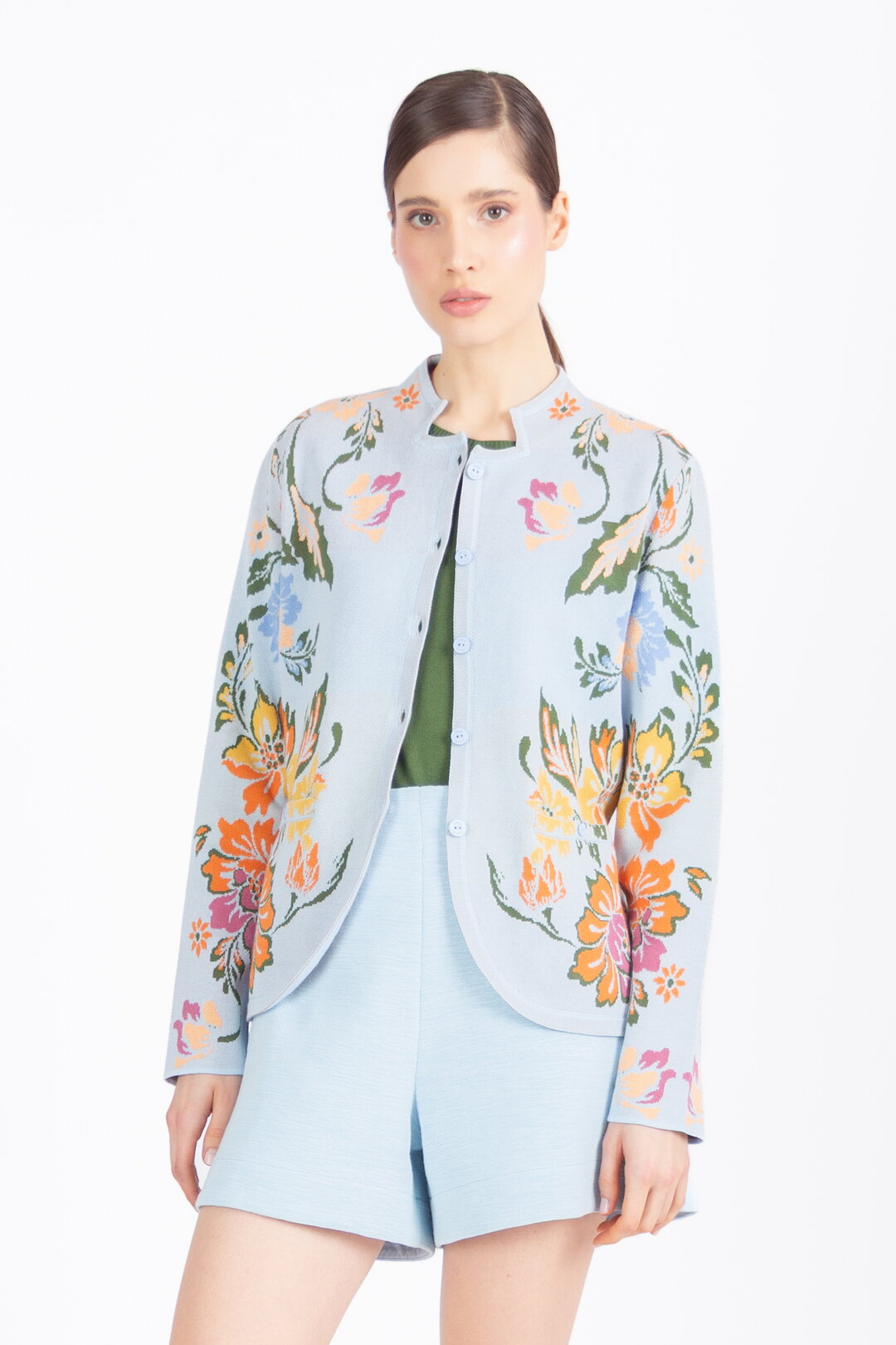 Buttoned Jacket, Floral Pattern - Sky Wash