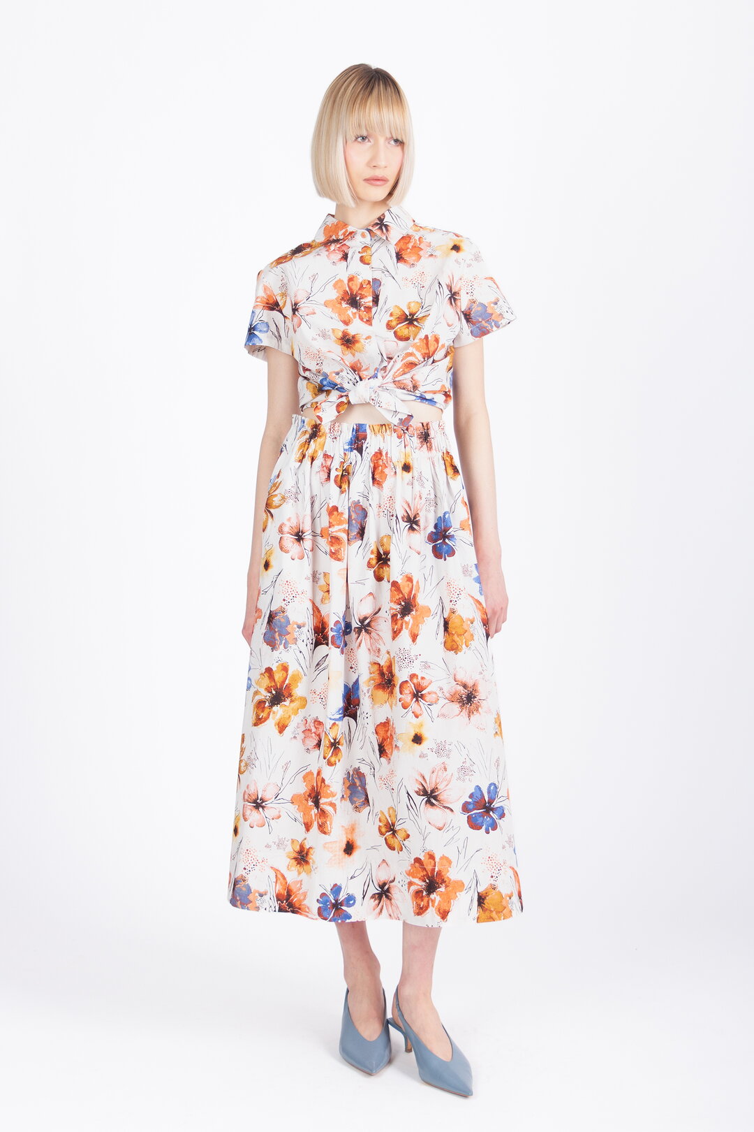 ivko Poplin Shirt, Floral Pattern - Orange & White Wash