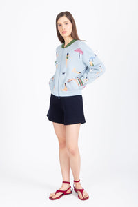 Jacquard Bomber Jacket, Beach Fun Motif - Sky Wash