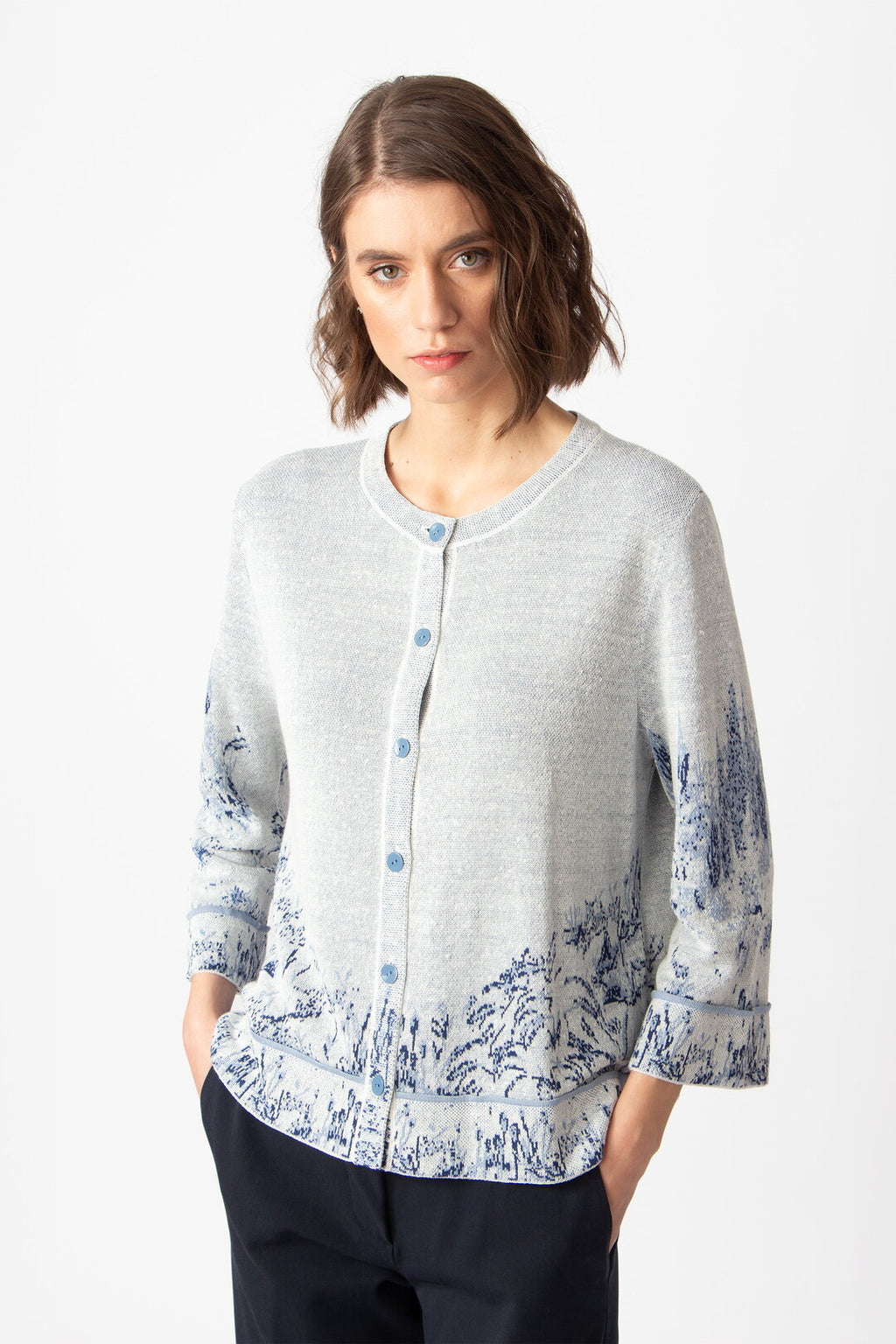 Jacquard Cardigan, Garden Nostalgic Pattern China Blue Wash