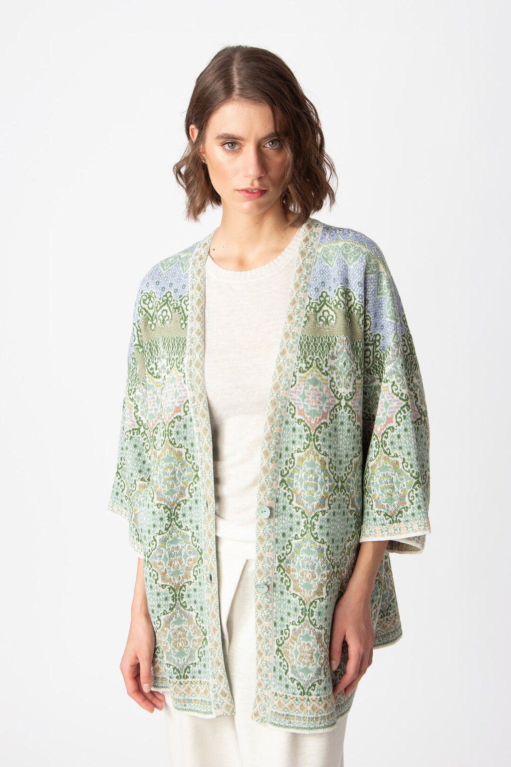 Long Cardigan, Morocco Pattern Pastel Green Wash