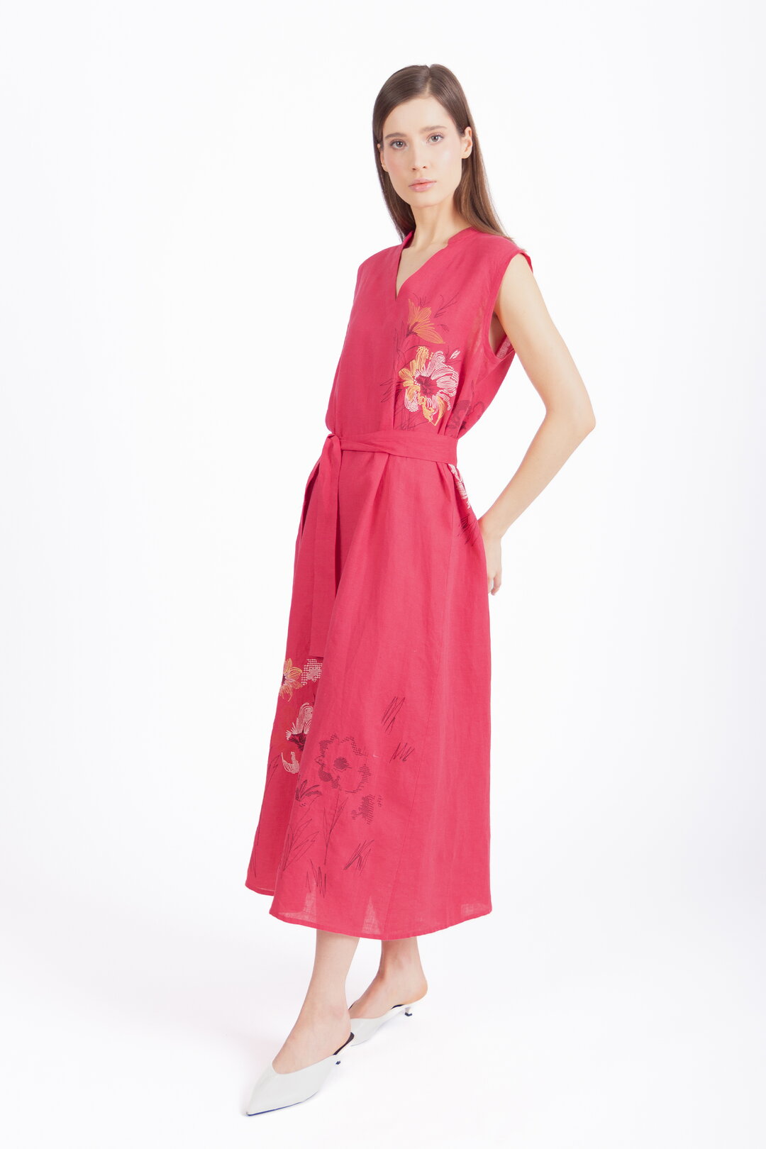 Linen Dress with Embroidery, Floral Pattern