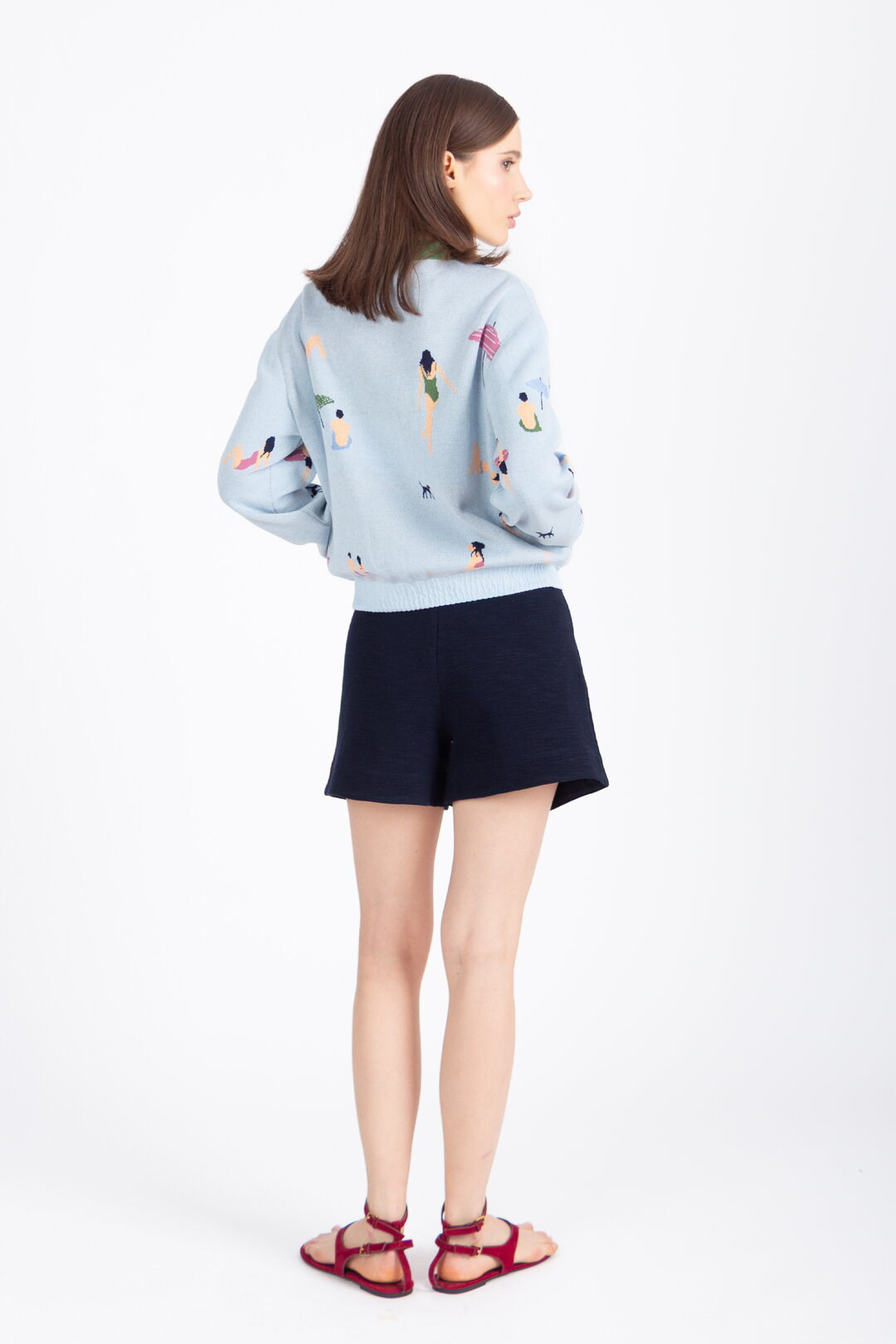Jacquard Bomber Jacket, Beach Fun Motif - Sky Wash