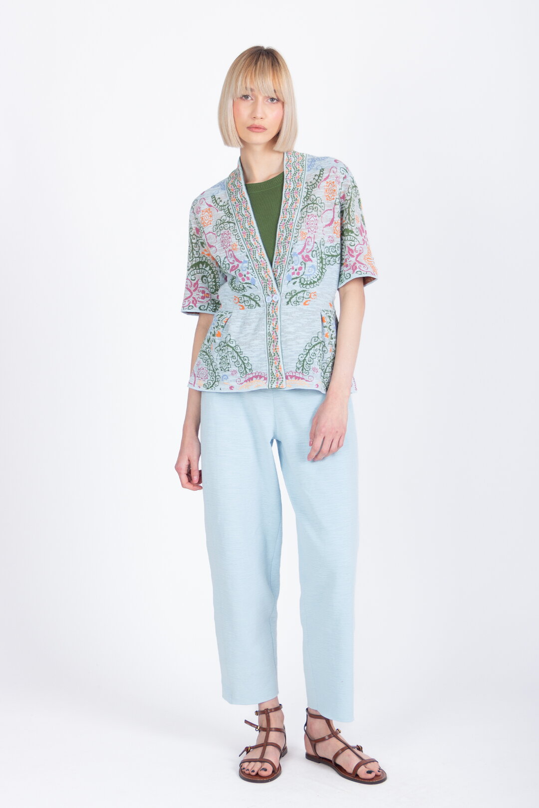 Cardigan V-Neck, Ornament Pattern - Sky Wash