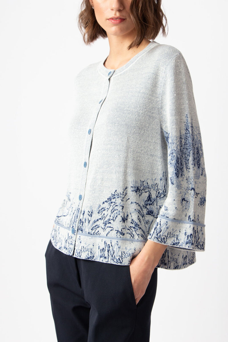 Jacquard Cardigan, Garden Nostalgic Pattern China Blue Wash
