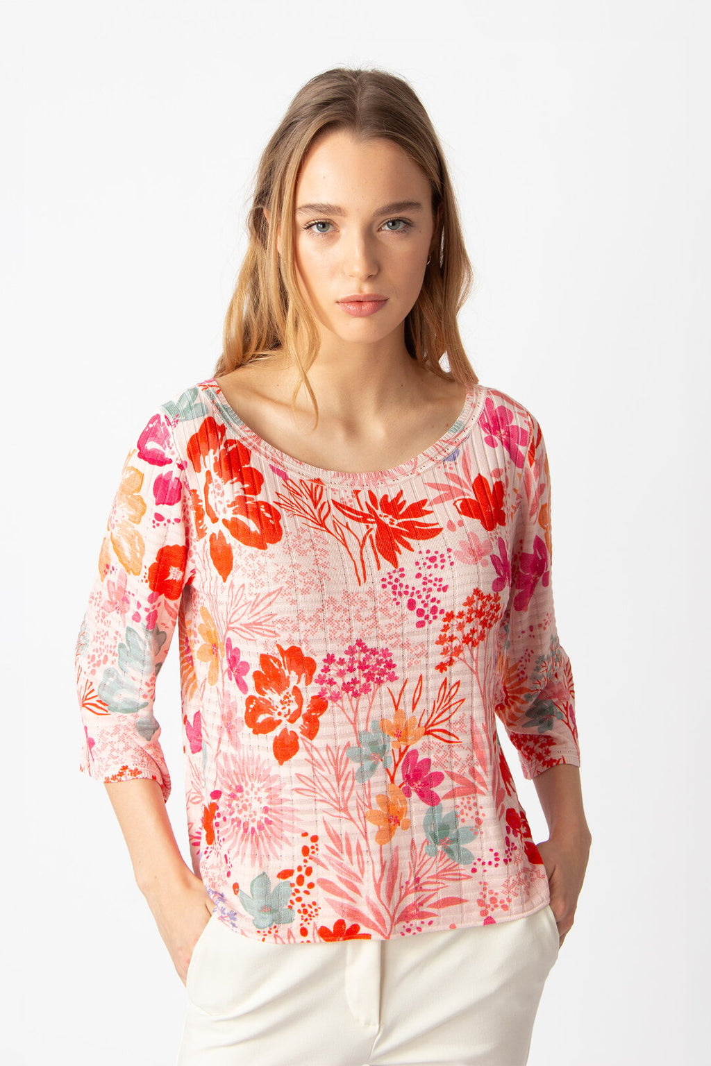 Boat Neck Pullover, Floral Print Light Pink
