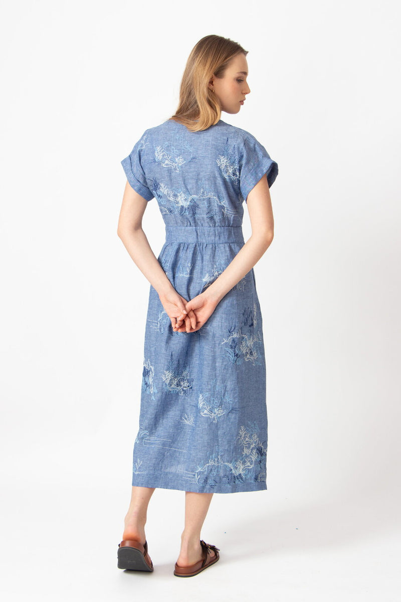 Linen Dress with Embroidery, Garden Nostalgic Pattern