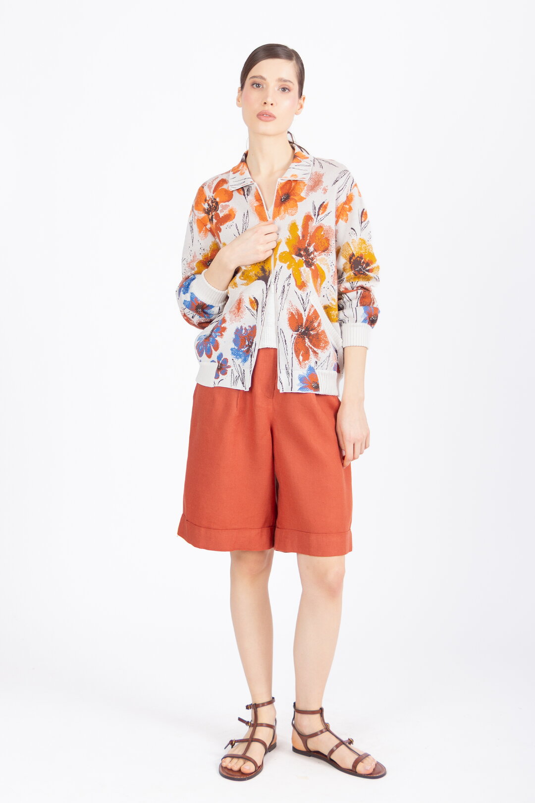 Ivko Jacquard Bomber Jacket, Floral Pattern - Orange and White Wash