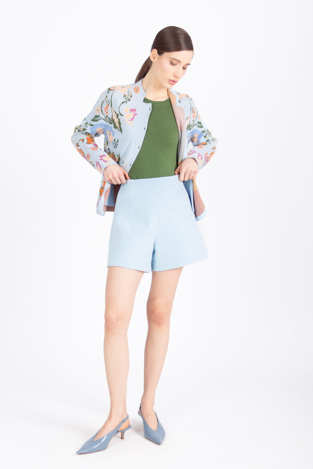 Buttoned Jacket, Floral Pattern - Sky Wash