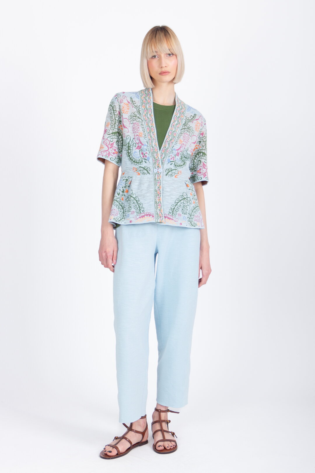 Cardigan V-Neck, Ornament Pattern - Sky Wash