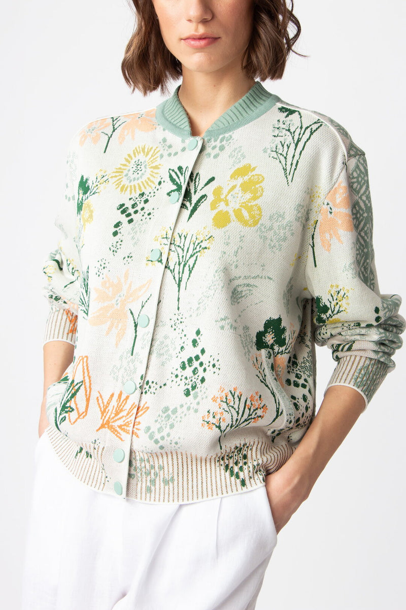 Jacquard Bomber Jacket, Floral Pattern White Wash