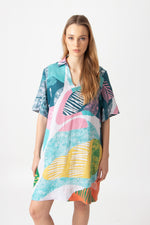 Printed Linen Dress, Maximalist Tropics Pattern Aqua Wash