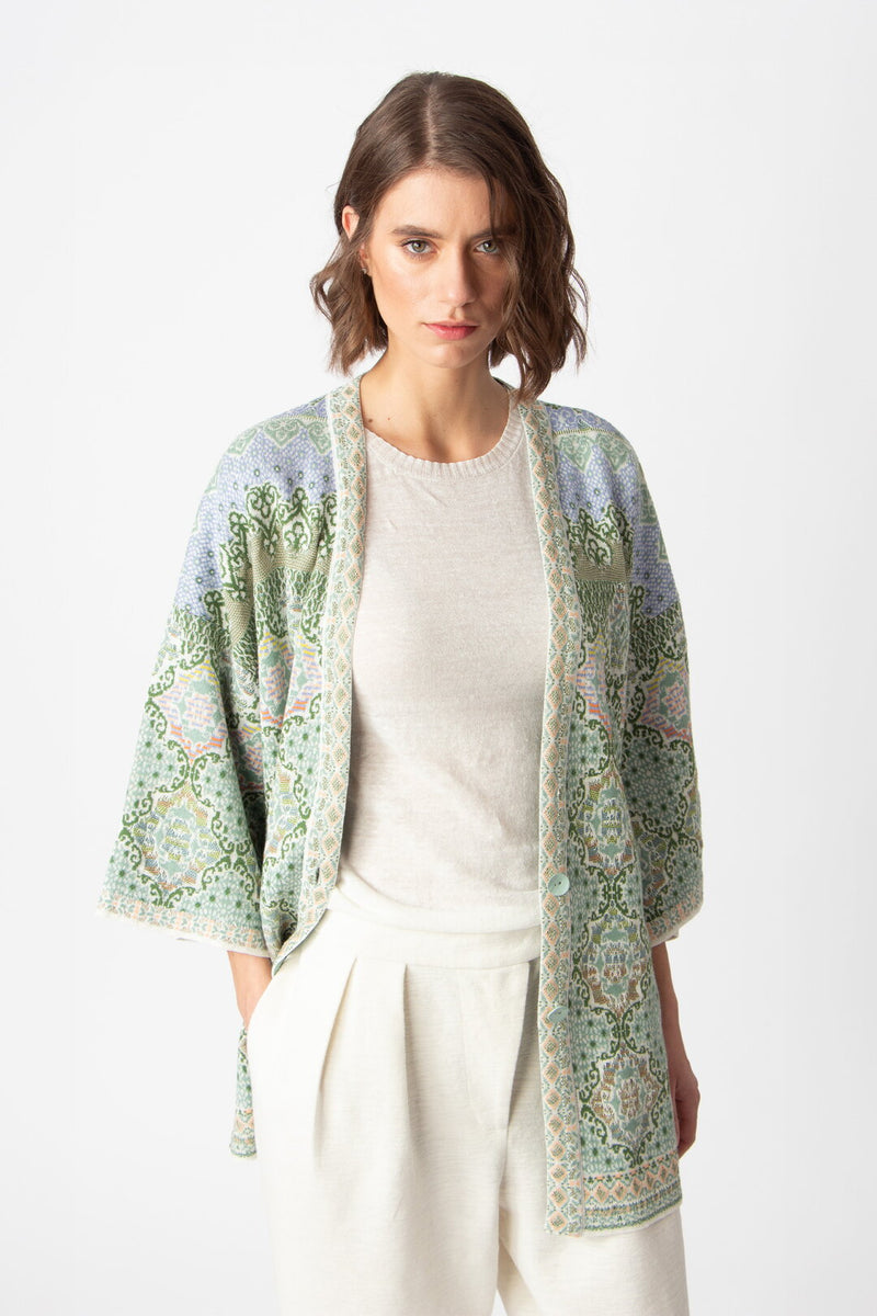Long Cardigan, Morocco Pattern Pastel Green Wash