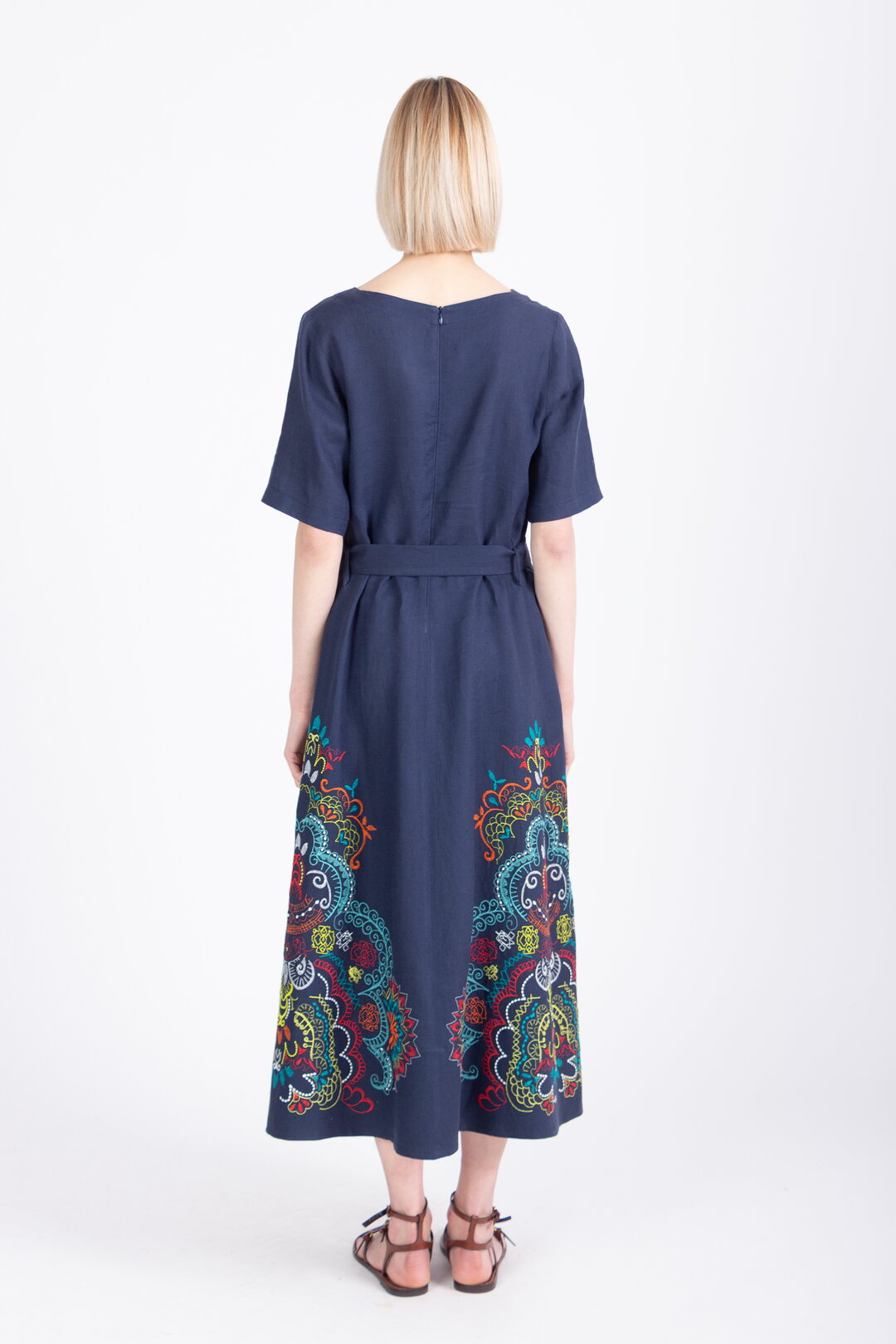 Linen Dress with Embroidery, Ornament Pattern White Coffee