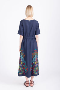 Linen Dress with Embroidery, Ornament Pattern White Coffee