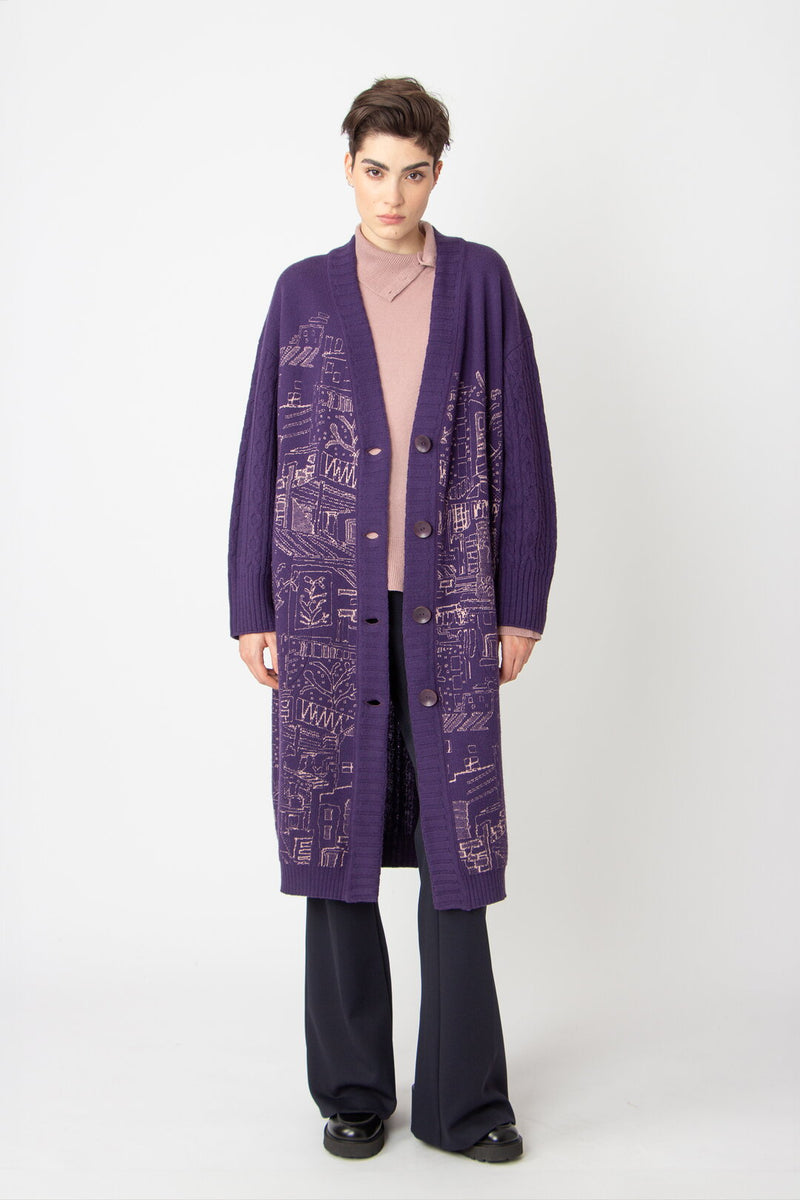 Jacquard Coatigan, Favela Pattern Plum Wash