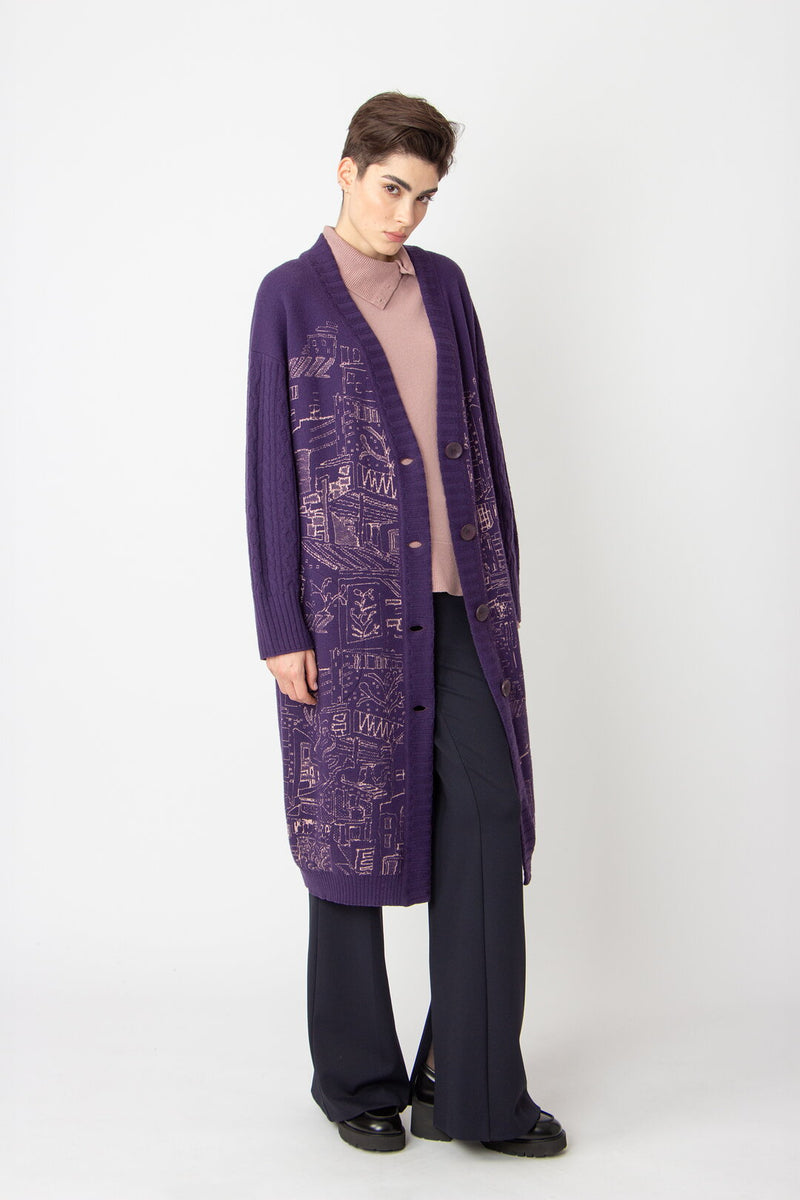 Jacquard Coatigan, Favela Pattern Plum Wash